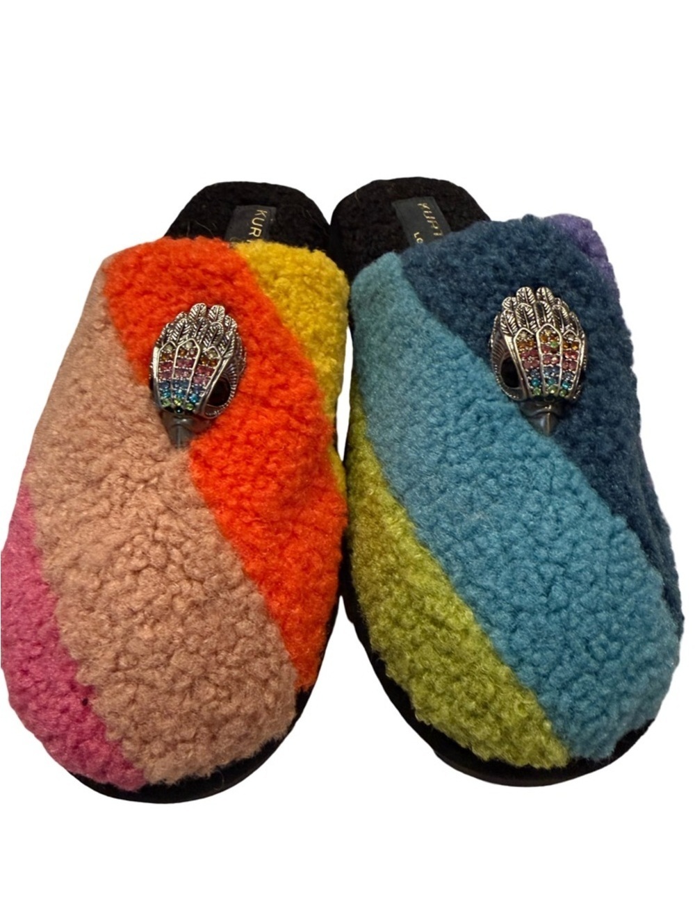 NWOB Kurt Geiger Multicolor Fuzzy Stripe Mule Slippers with Crystal Hand Pin